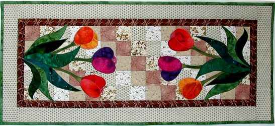 patchwork table runner with applique tulips